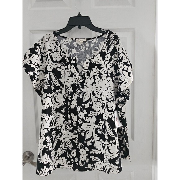 NWT Womens 1X Christian Siriano LINEN Blend Black & White Cap sleeve shirt - Picture 4 of 8